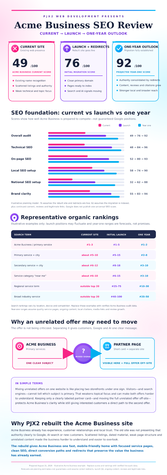 Example PJX2 web score review showing current, launch and one-year outlook scores for a sample business
